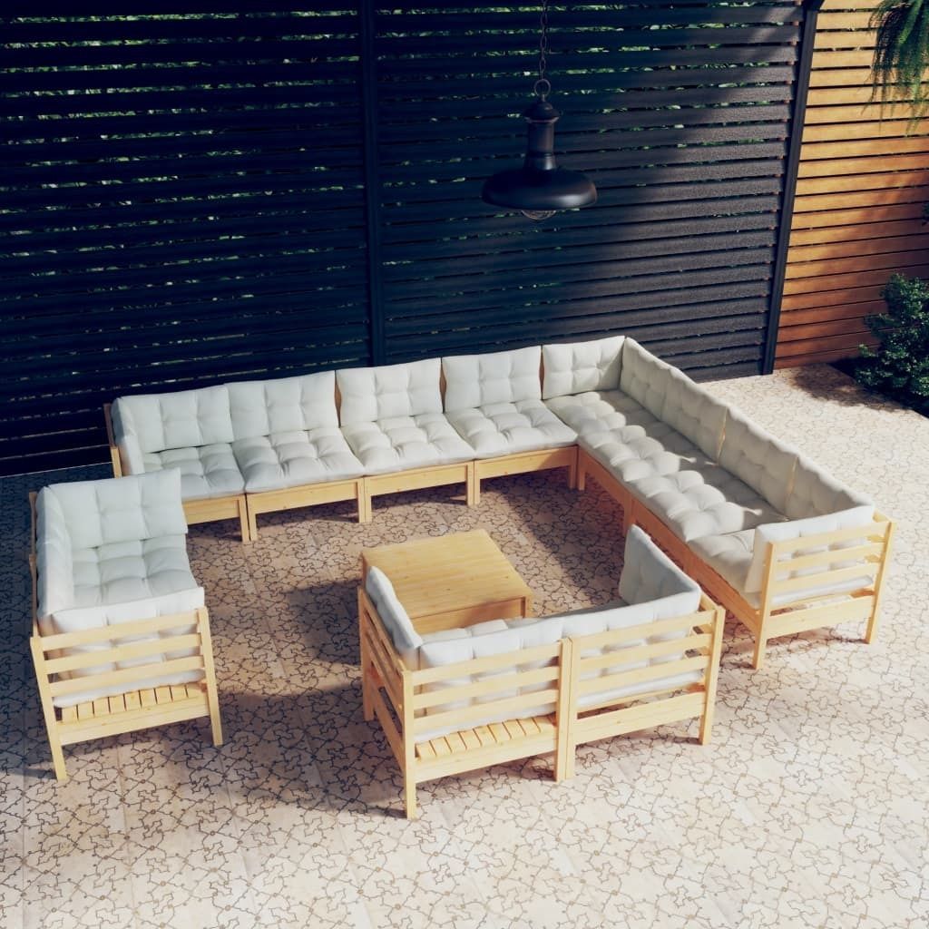 The Living Store 13-tlg. Garten-Lounge-Set mit Creme Kissen Massivholz Kiefer