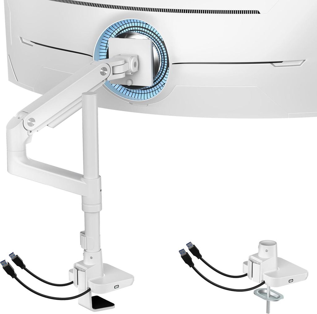Monitorhalterung mit USB A/C, Monitorarm für 17–49 Zoll flache, gebogene Bildschirme, höhenverstellbare Bildschirmhalterung, Tischhalterung, Tr...