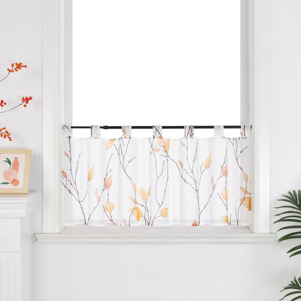 Joyswahl Scheibengardine mit Schlaufen Bistrogardine mit Zweigen und Blättern Muster Voile kleine Kurzstores landhausstil für Küche 1 Stück, Or...