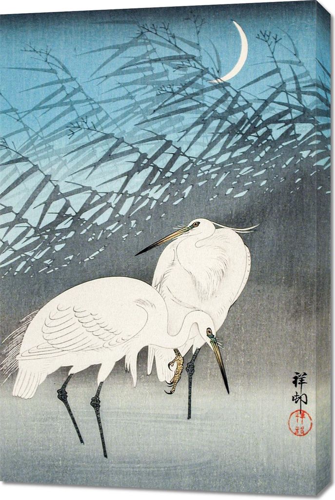 Bild 60x90cm Reiher und Schilf, Vintage Japanischer Kranich für das Wohnzimmer