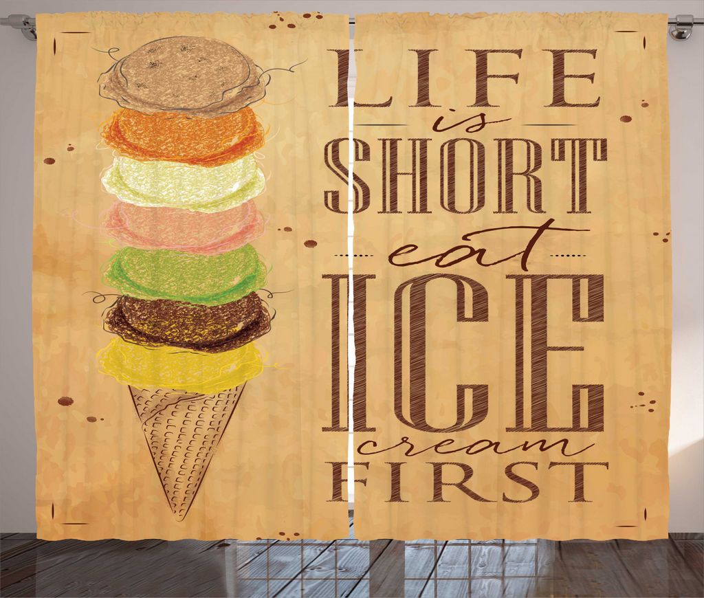 ABAKUHAUS Zitat Rustikaler Gardine, Essen Ice Cream Erste Scoops, Schlafzimmer Kräuselband Vorhang mit Schlaufen und Haken, 280 x 225 cm, Mehrfarbig
