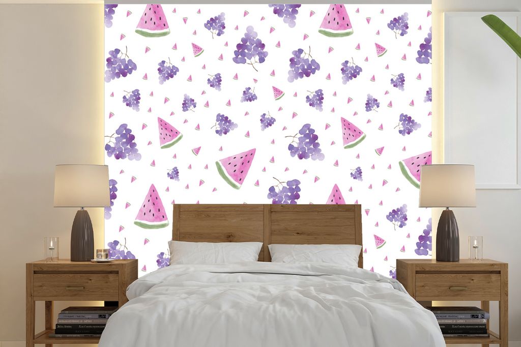 MuchoWow Fototapete für Wohnzimmer oder Schlafzimmer Wandtapete Vinyl Motivtapete Weintrauben - Wassermelone - Design - Pastell - 280x280 cm - H...