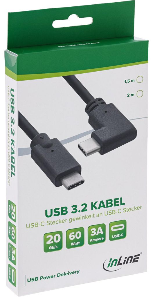 InLine USB 3.2 Gen.2 Kabel, USB-C Stecker/Stecker gewinkelt, schwarz, 2m, 2 m, USB C, USB C, USB 3.2 Gen 2 (3.1 Gen 2), 20 Gbit/s, Schwarz