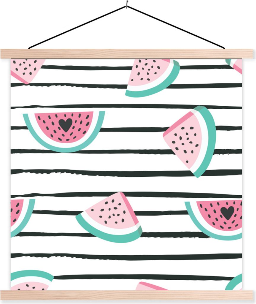MuchoWow Textilposter Sommer - Wassermelone - Herzen 120x120 cm mit holzfarbenen Rahmen - Textil-Poster