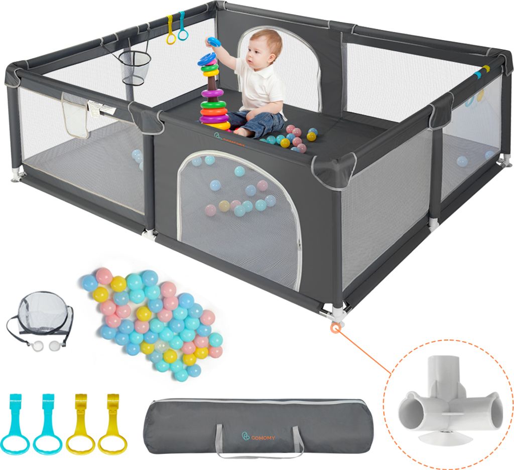 Baby-Laufstall, Kinderzaun mit Antikollisionsschaumbarriere mit atmungsaktivem Netz, Kinder-Sicherheitsspielplatz, Größe: 160x160x66cm, Grau