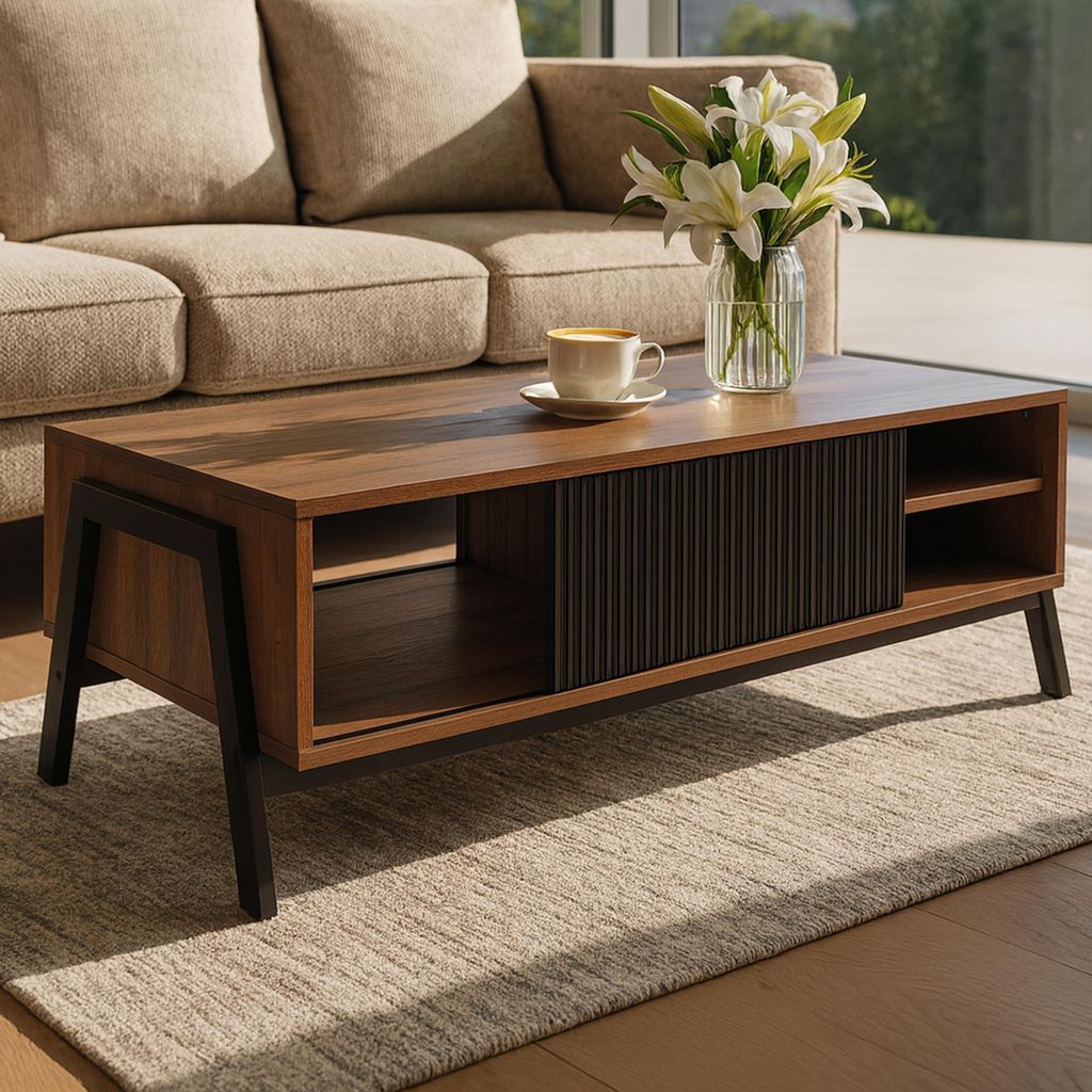Couchtisch MCW-O40, Wohnzimmertisch Sofatisch, Staufächer Schiebetür MDF Metall Melamin 42x120x60cm natur