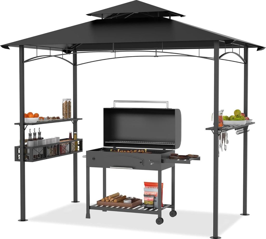 YUENFONG Gartenlauben Grill Pavillon Grillpavillon Partyzelt Doppelstöckige Schutzabdeckung Grillzelt mit Regalen und Ablagekörben für Party, Ma...