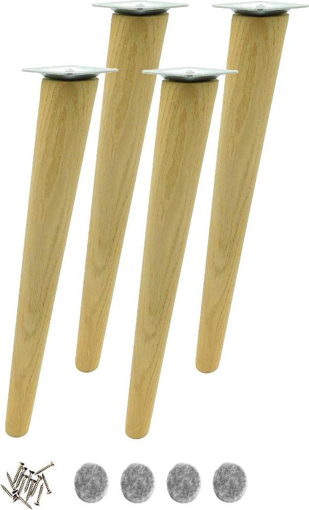 4x Möbelfüße aus Eiche – schräg, roh, 45 cm – mit M8-Schraube & Montageplatte