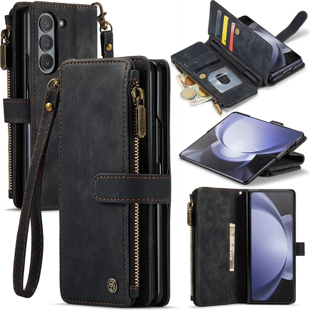 Collage of images showing a black leather wallet-style phone case with multiple compartments and a zipper.