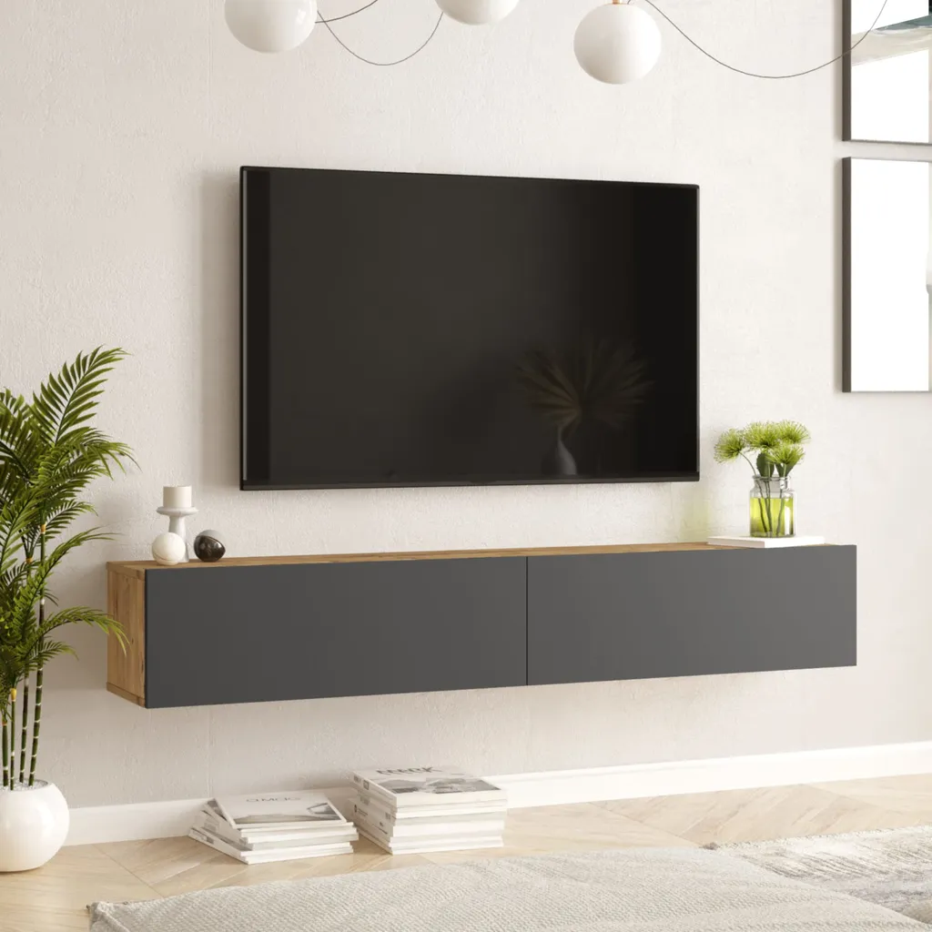 Meuble TV bas Lapinlahti 180 cm finition chêne rustique effet bois naturel