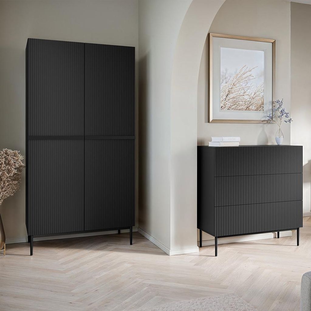 Schlafzimmer Schrank-Set mit Kleiderschrank & Kommode, schwarz matt, 2-teilig - NAVASOTA-141