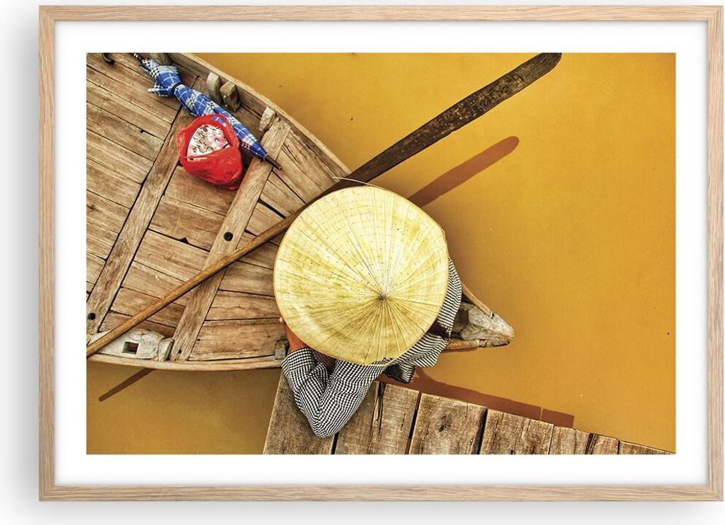 Gerahmtes Poster - Rahmen in heller Eiche - Asiatisch Boot Brücke - 70x50 cm - Wand Bild - Wanddeko - Wandbilder - Kunstposter - Wandposter - Bild...