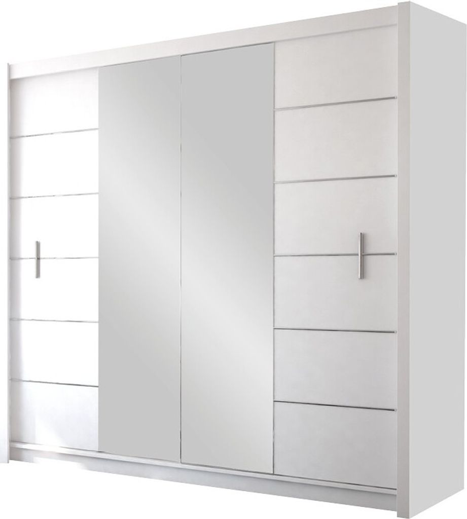 BETTSO Kleiderschrank Schwebetürenschrank mit Spiegel Kleiderstange Garderobe für Schlafzimmer Kinderzimmer oder Wohnzimmer BAMAS II 203 Weiß