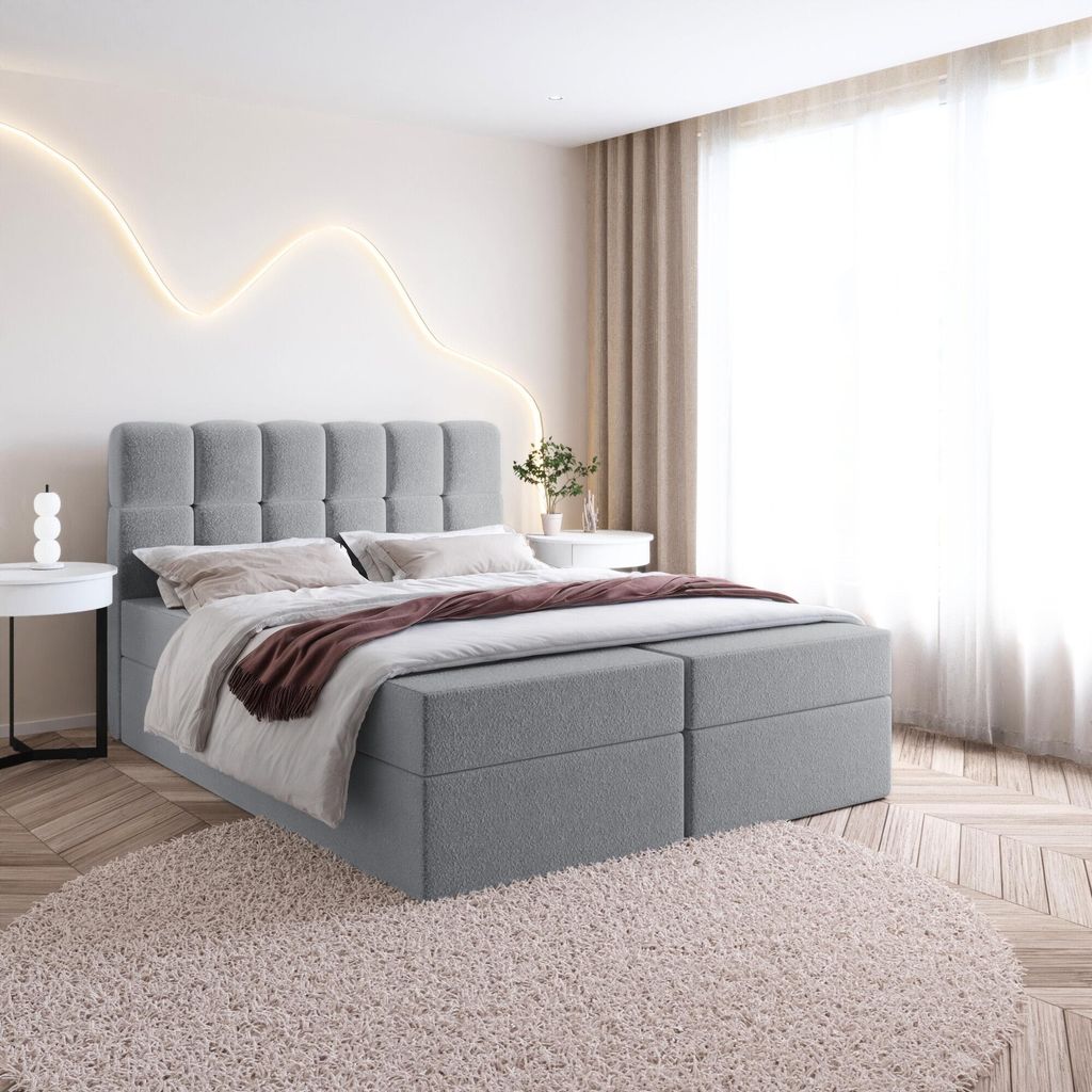 Bett Boxspringbett SALA 2 ohne Topper mit Bettkästen - Doppelbett, Stauraum, Schlafzimmer, Polsterbett, Bettgestell (140x200, Grau - Fredo 35)