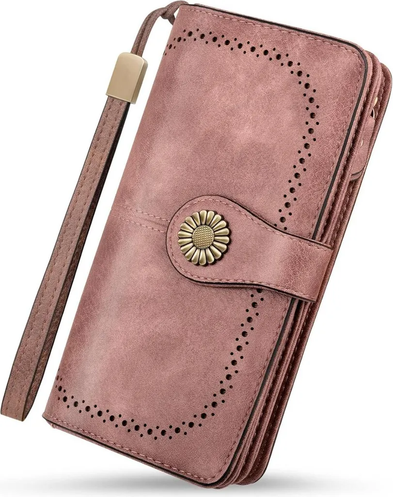 TEUEN Porte-monnaie en cuir rose avec protection RFID et 24 fentes cartes