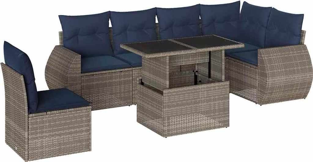 7-teiliges Gartensofa-Set mit Kissen, grau, Polyrattan