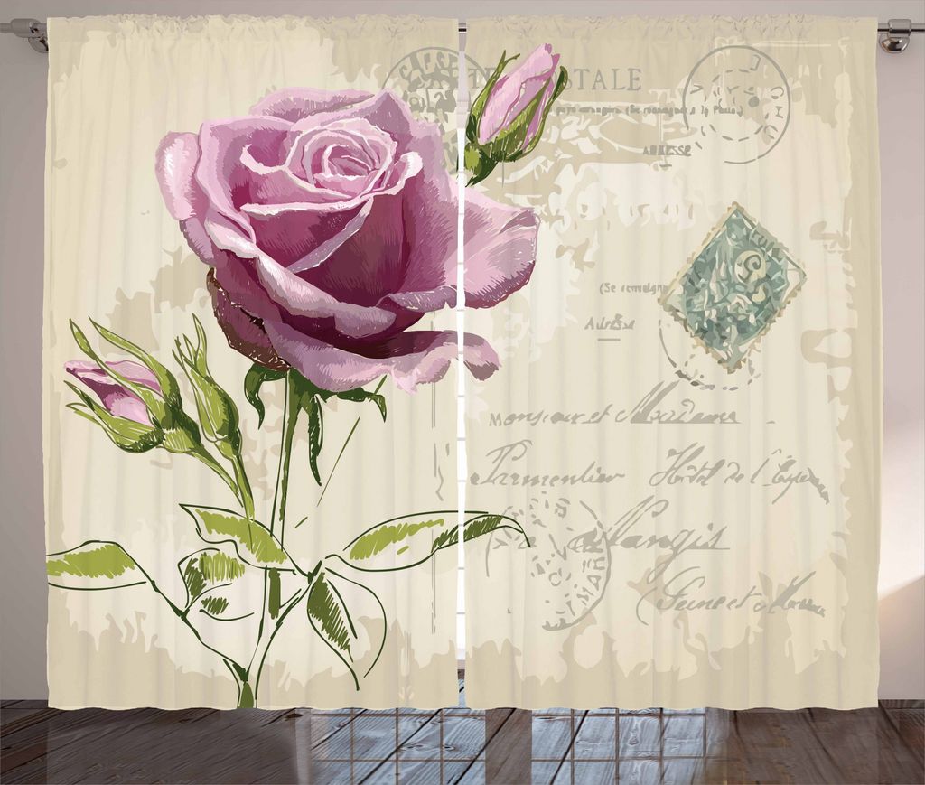ABAKUHAUS Rose Rustikaler Gardine, Vintage zarte Artsy, Schlafzimmer Kräuselband Vorhang mit Schlaufen und Haken, 280 x 225 cm, Hellrosa Grün Tan