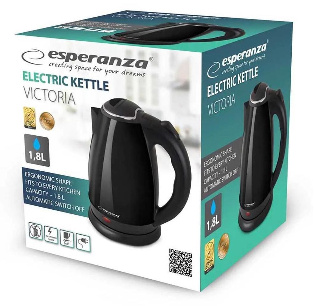 The image shows the retail packaging of a black electric kettle.