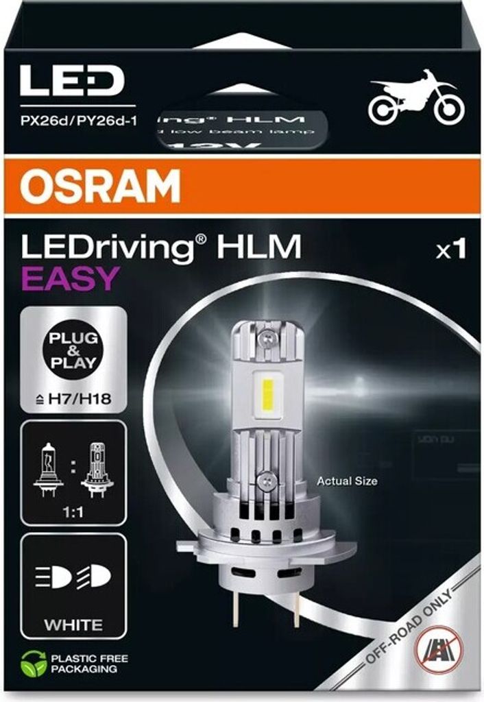 The image shows the packaging of an OSRAM LEDriving HL Easy H7/H18 headlight bulb.