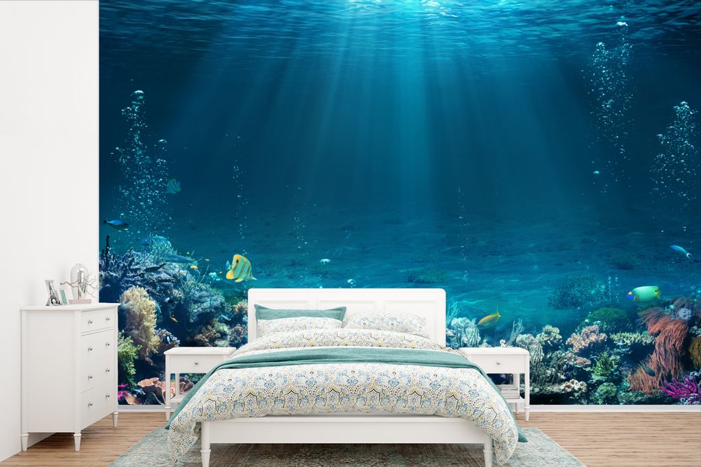 MuchoWow Fototapete für Wohnzimmer oder Schlafzimmer Wandtapete Vinyl Motivtapete Ozean - Fische - Korallen - 390x260 cm - Papiertapete