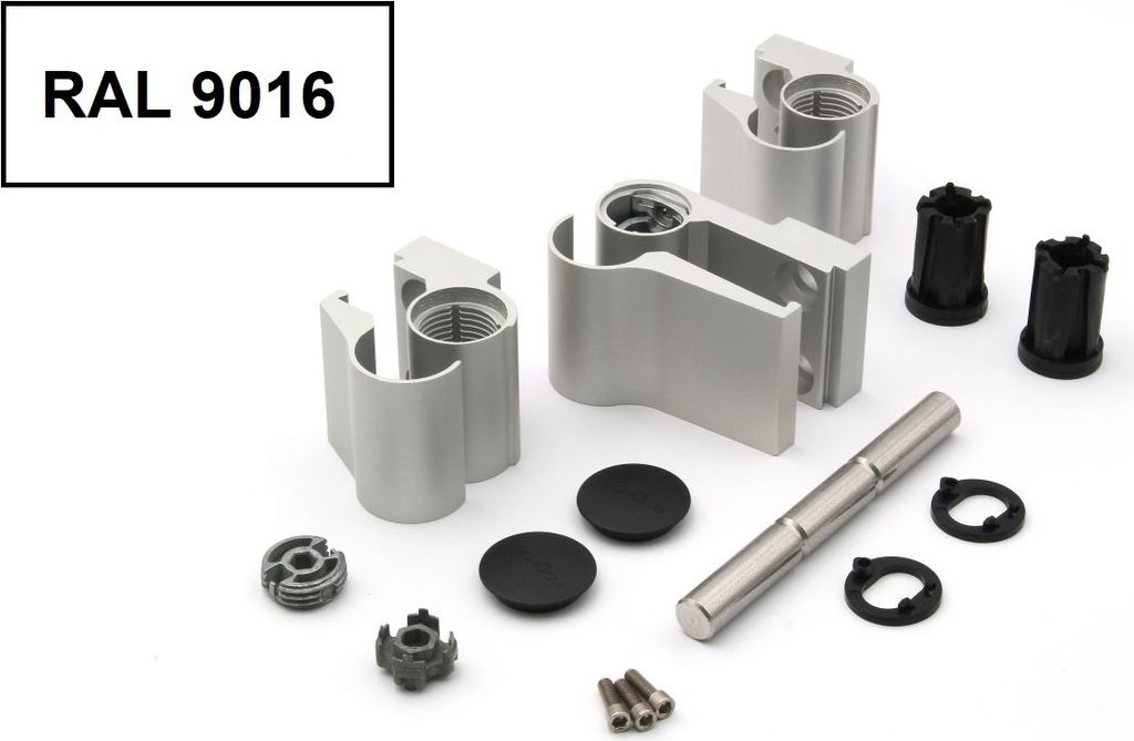 A collection of metal and plastic hardware components for a door hinge, laid out on a white background.