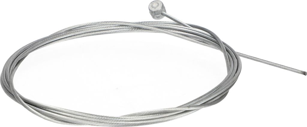 A coiled metal brake cable on a white background.