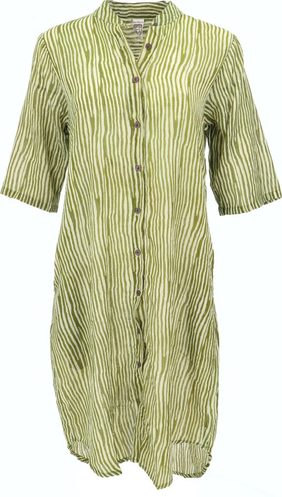 Boho Hemdkleid, Lange Gestreifte Tunika - Olivgrün, Damen, Baumwolle, Größe: S