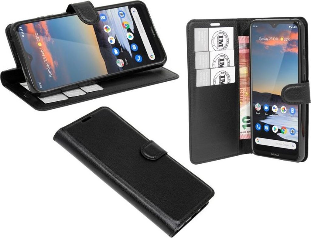 A collage of three images showing a black flip-style phone case for a Nokia 5.3, with one image showing the case open with a phone and cash inside, another showing the phone case closed, and a third showing the phone case open and propped up.