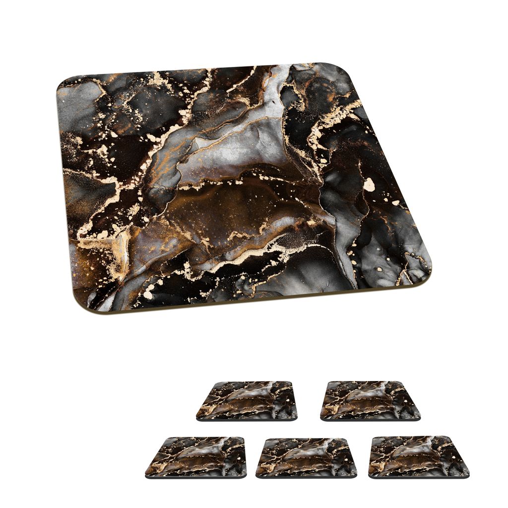 KitchenYeah Glasuntersetzer Quadratisch 6er Set Marmor - Gold - Glitzer - Luxus 10x10 cm Untersetzer für Gläser - Getränkeuntersetzer - Tischp...