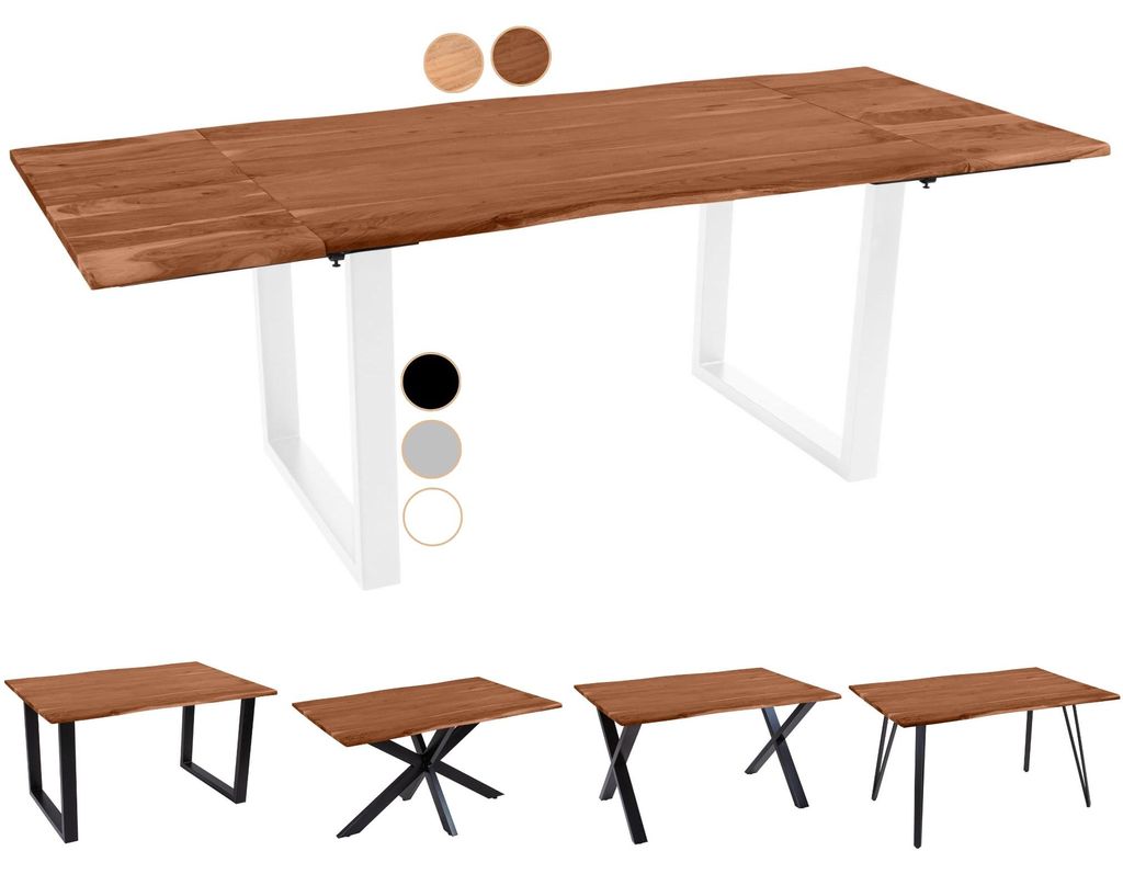 Baumkantentisch 140 (220) x 90 cm Avino, Akazienholz nussbaumfarben & massiv, Esszimmertisch mit 2 Ansteckplatten, Weißes U-Metallgestell, Esstisc...