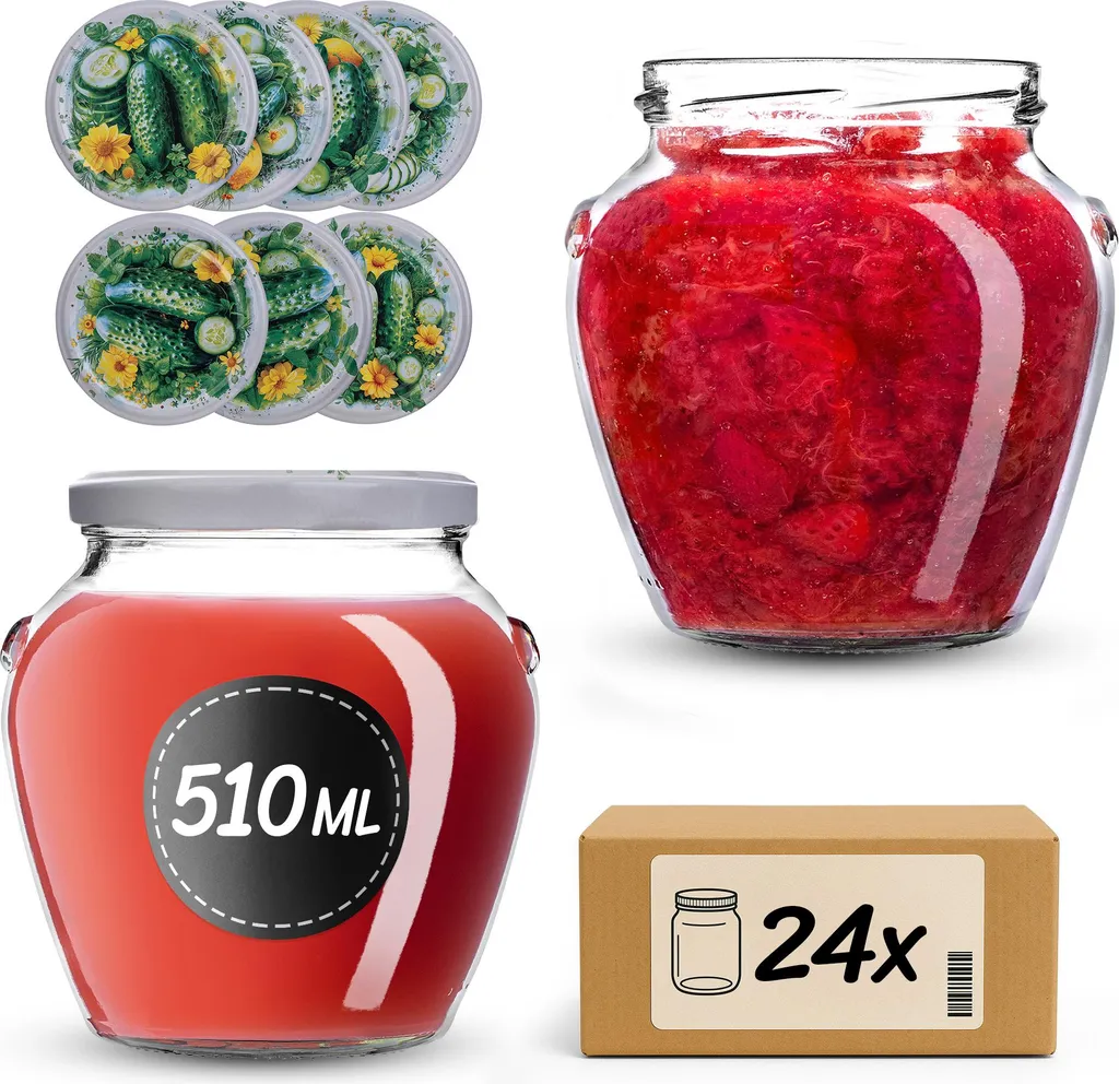 Barattoli KADAX da 510 ml con coperchio a vite fi82mm, barattoli a vite con coperchio, barattoli per miele, barattoli per la conservazione di miele, frutta e verdura, barattoli per marmellata (cetrioli da campo, 24 pezzi)