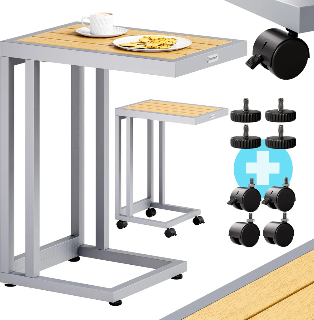 CASARIA® Tavolo a C 50x40x66cm Piano in metallo WPC Portata 25 kg con Ruote Tavolino da Salotto Tavolino per Esterno
