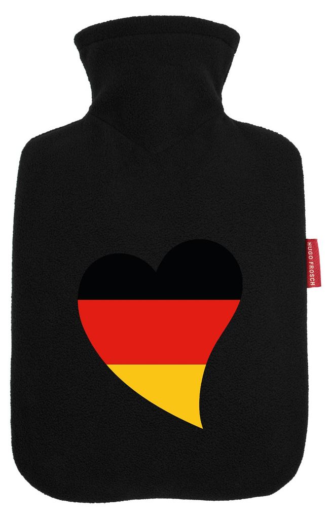 Huuraa Wärmflasche Deutschland Flagge Herz 1,8 Liter Black Classic Veloursbezug Bettflasche Geschenkidee