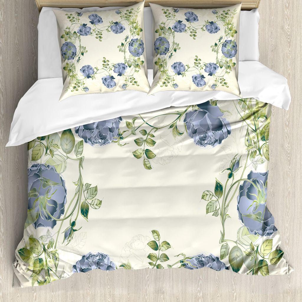 ABAKUHAUS Blumen Bettbezug, Vintage Rosen Rahmen, Milbensicher Allergiker geeignet mit Kissenbezügen, 155 cm x 220 cm - 80 x 80 cm, Blau, Grün, C...