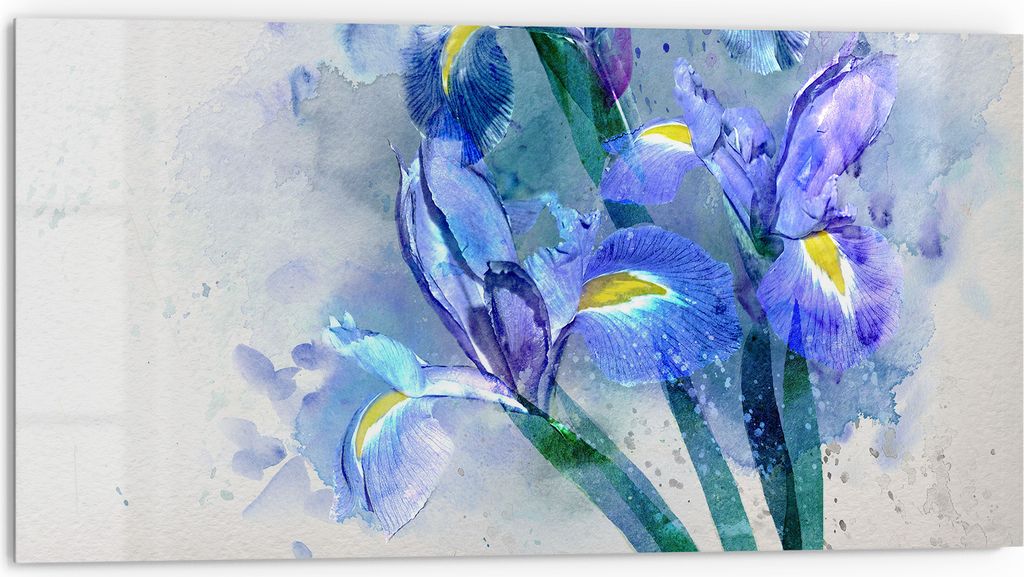 DEQORI Küchenrückwand Glas 80x40 cm 'Blaue Iris Pracht' Spritzschutz Bad Rückwand Küche