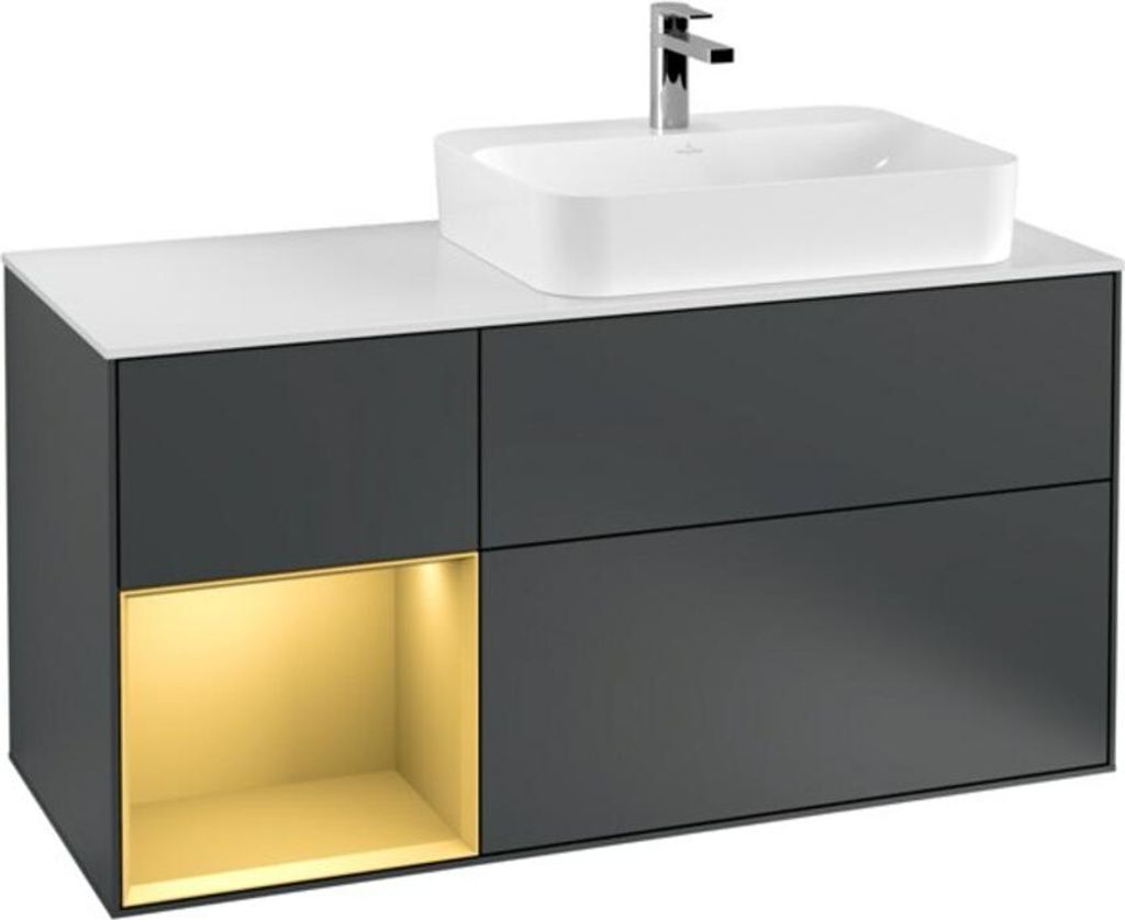 V&B Waschtischunterschrank Wandbeleuchtung Finion 120cm, Pl w m, Rg li gol m, md bl. m Lac