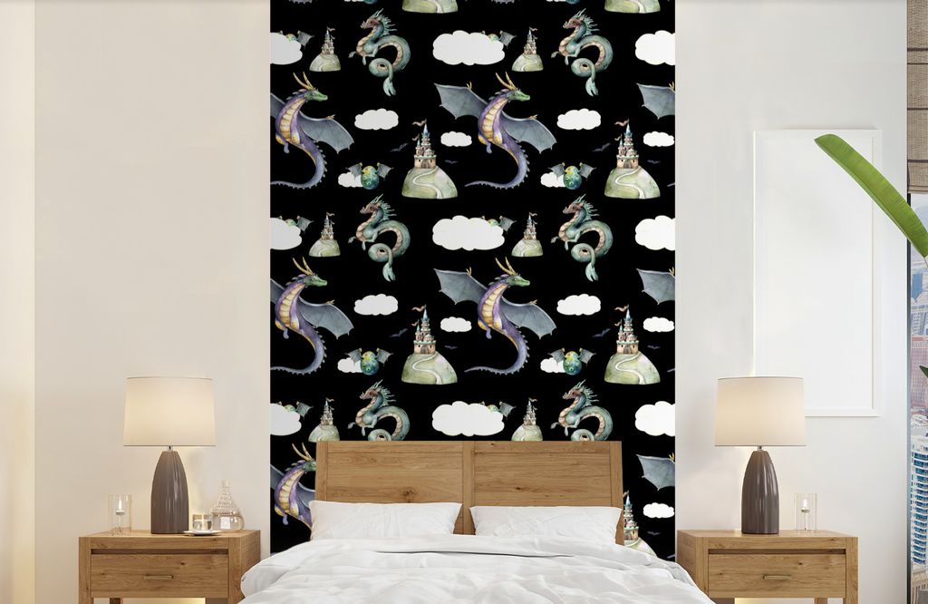 MuchoWow Fototapete für Wohnzimmer oder Schlafzimmer Wandtapete Vinyl Motivtapete Jungen - Muster - Drache - Burg - 150x240 cm - Tapeten