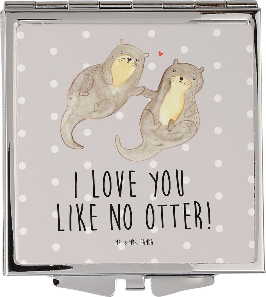 Mr. & Mrs. Panda Handspiegel Otter Hände halten - Grau Pastell - Geschenk, Paar, Liebe, Händchen, Quadratischer Spiegel, Schminkspiegel, Frauen, ...