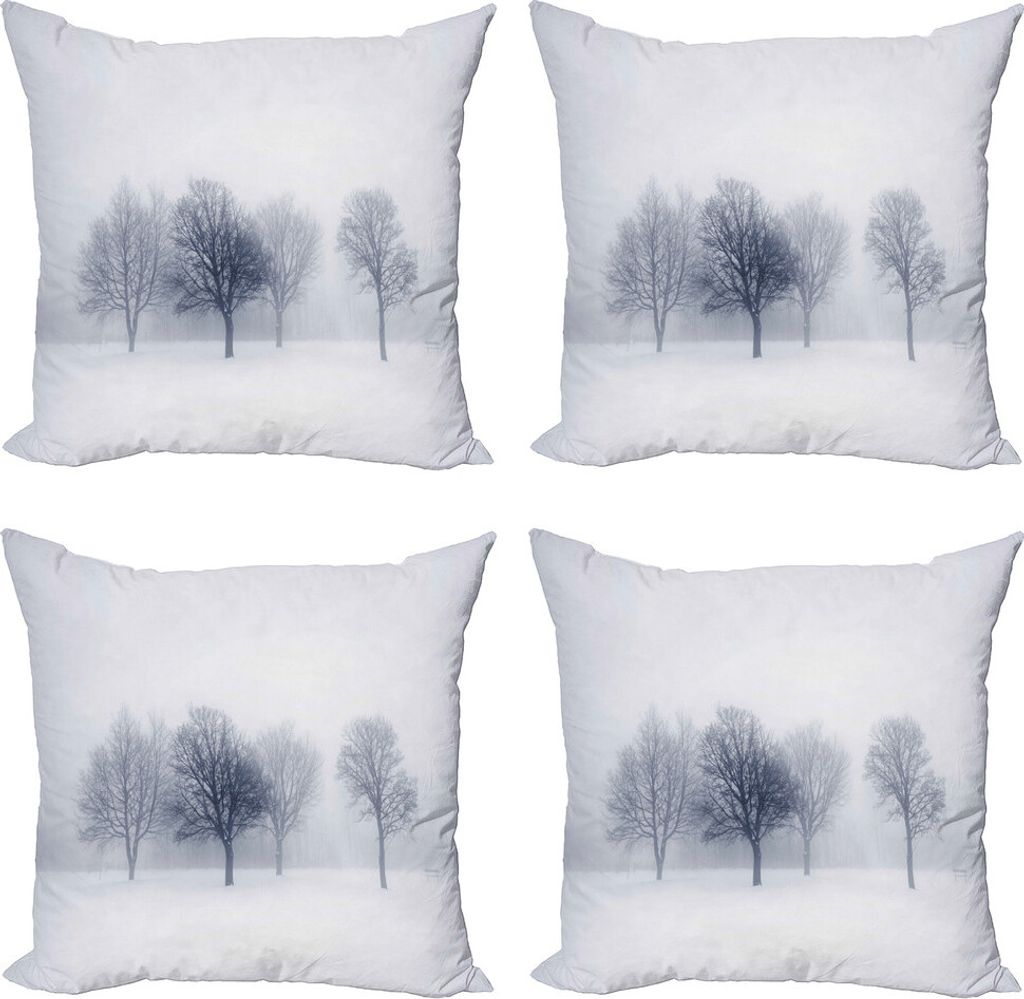ABAKUHAUS Landschaft Kissenbezug Set (4 Stück), Winter Leafless Wald, Moderner Doppelseitiger Digitaldruck, 45 cm x 45 cm, Weiß und Grau