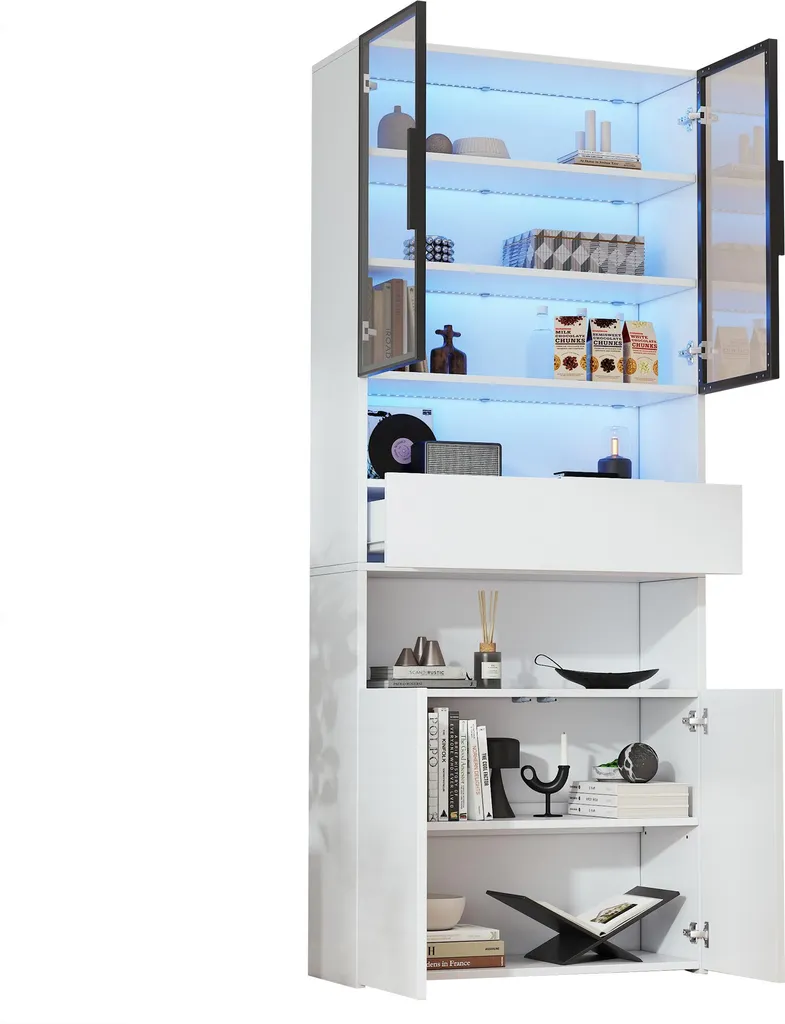 Vaisselier Moderne Blanc avec Vitrine et Bibliothèque à LED Intégrée - 11