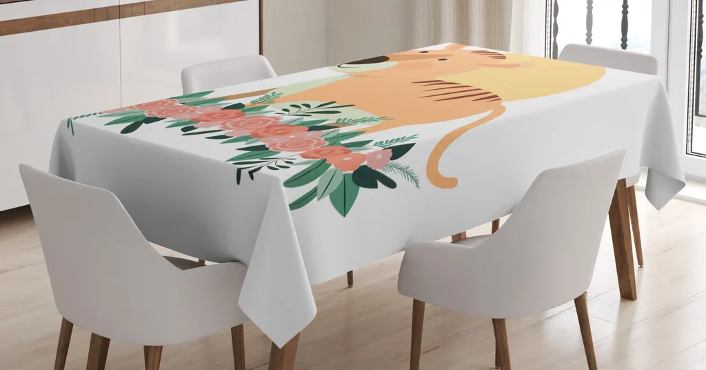 ABAKUHAUS Elefante Tovaglia, Zigzag Animal Silhouettes, Rettangolare per Sala da Pranzo e Cucina, 140 cm x 240 cm, Vermilion e Multicolore