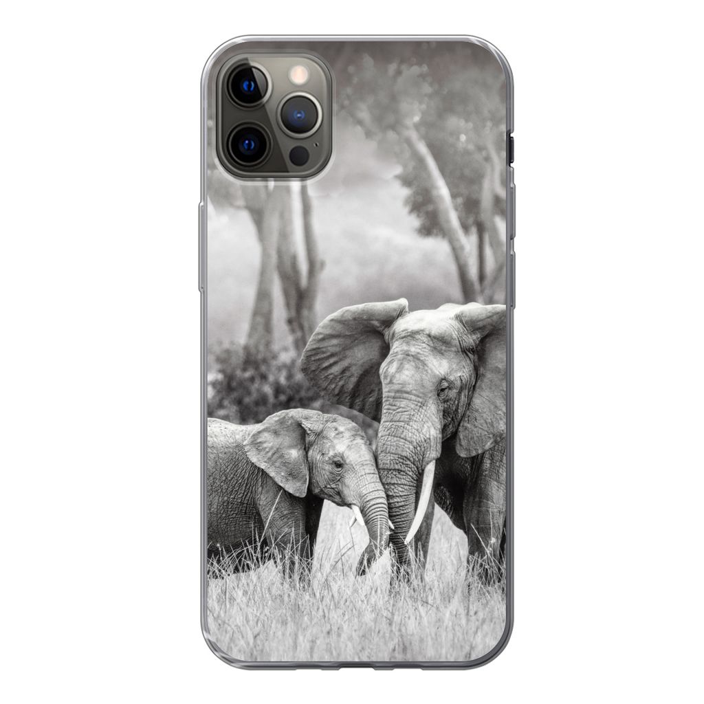 MuchoWow Handyhülle Schutzhülle Hülle für iPhone 13 Pro Max Elefant - Tiere - Natur - Schwarz und weiß Silikon Softcase Handy Hülle - Mobil...