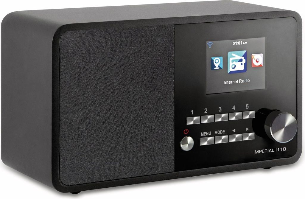 A black Imperial i110 internet radio is shown from a 3/4 front angle against a black background.