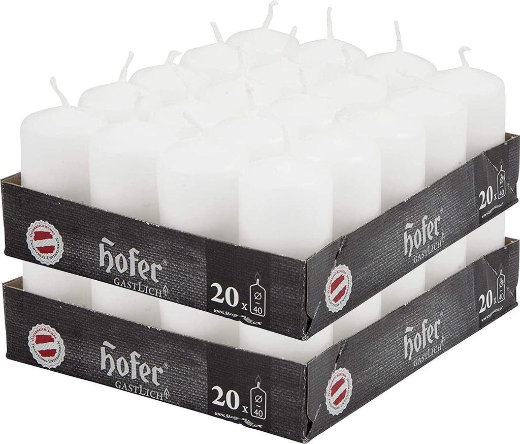 HOFER Stumpenkerzen 40 Stück Weiß – 4x7 cm – 11h Brenndauer – Unparfümiert – Tropffrei – Deko Kerzen für Hochzeit, Feier, Tisch