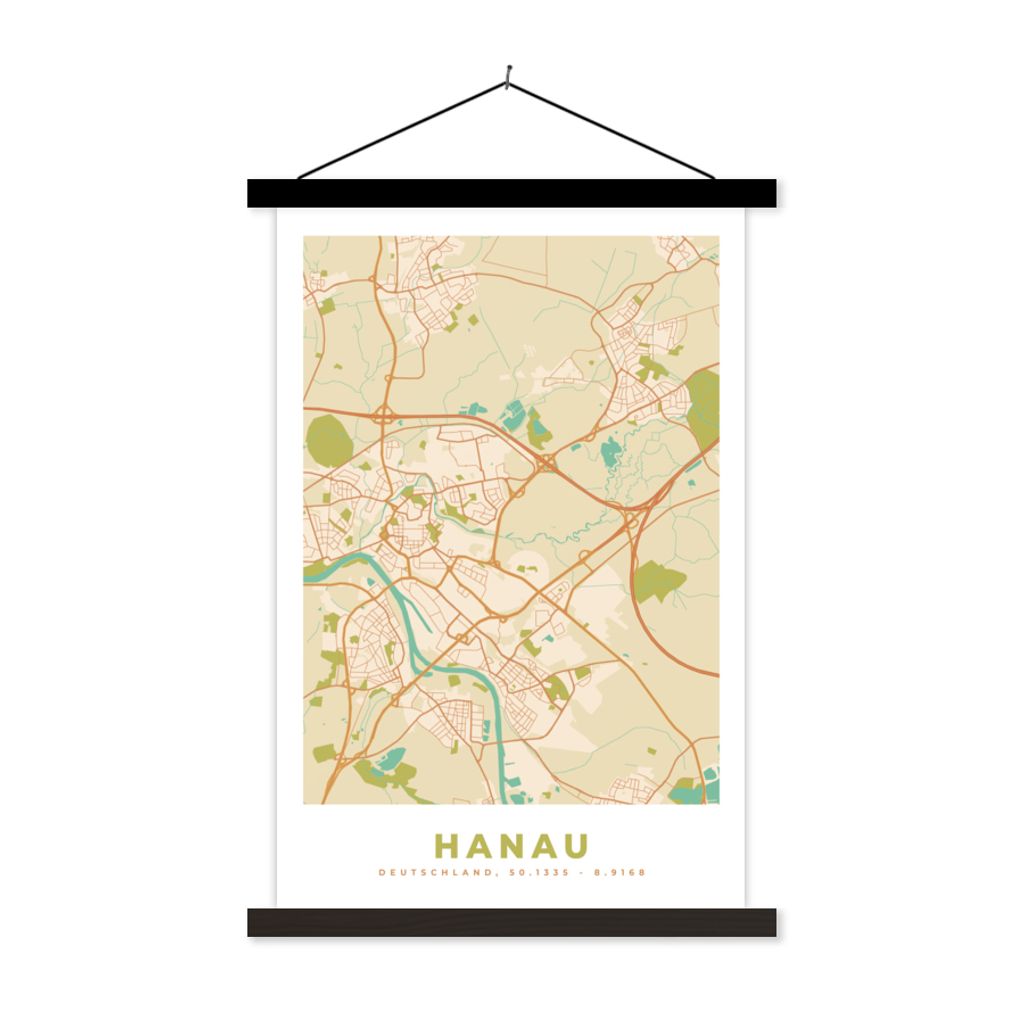 MuchoWow Textilposter Karte - Hanau - Karte - Vintage - Stadtplan 40x60 cm mit schwarzem Rahmen - Wanddekorationen