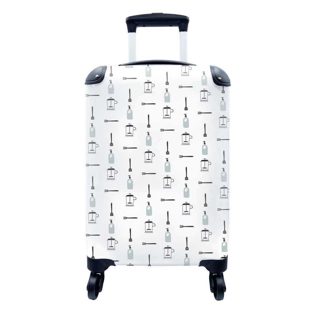 MuchoWow Koffer Handgepäck Trolley Rollkoffer Kleine Reisekoffer mit 4 Rollen - Küchengeräte - Muster - Grau - Cabin Size < 55x40x23 cm & 55x4...