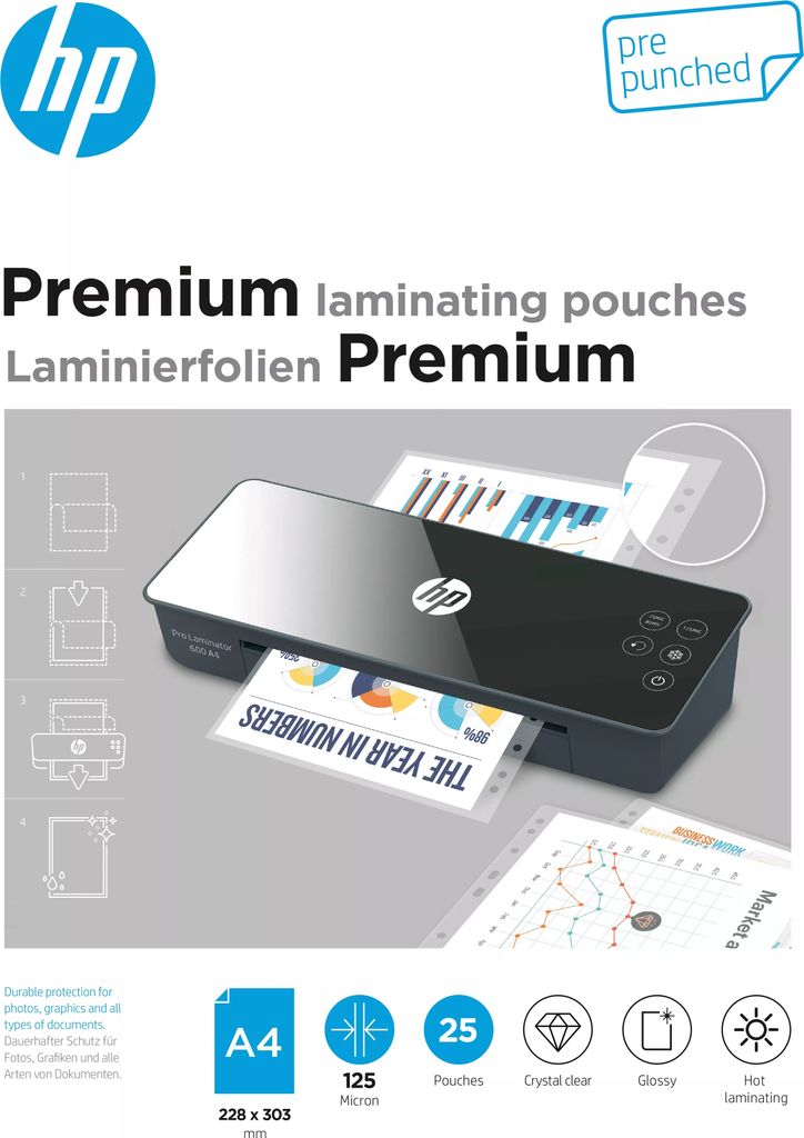 HP Laminierfolien Premium A4 125 Micron 25x mit Lochung