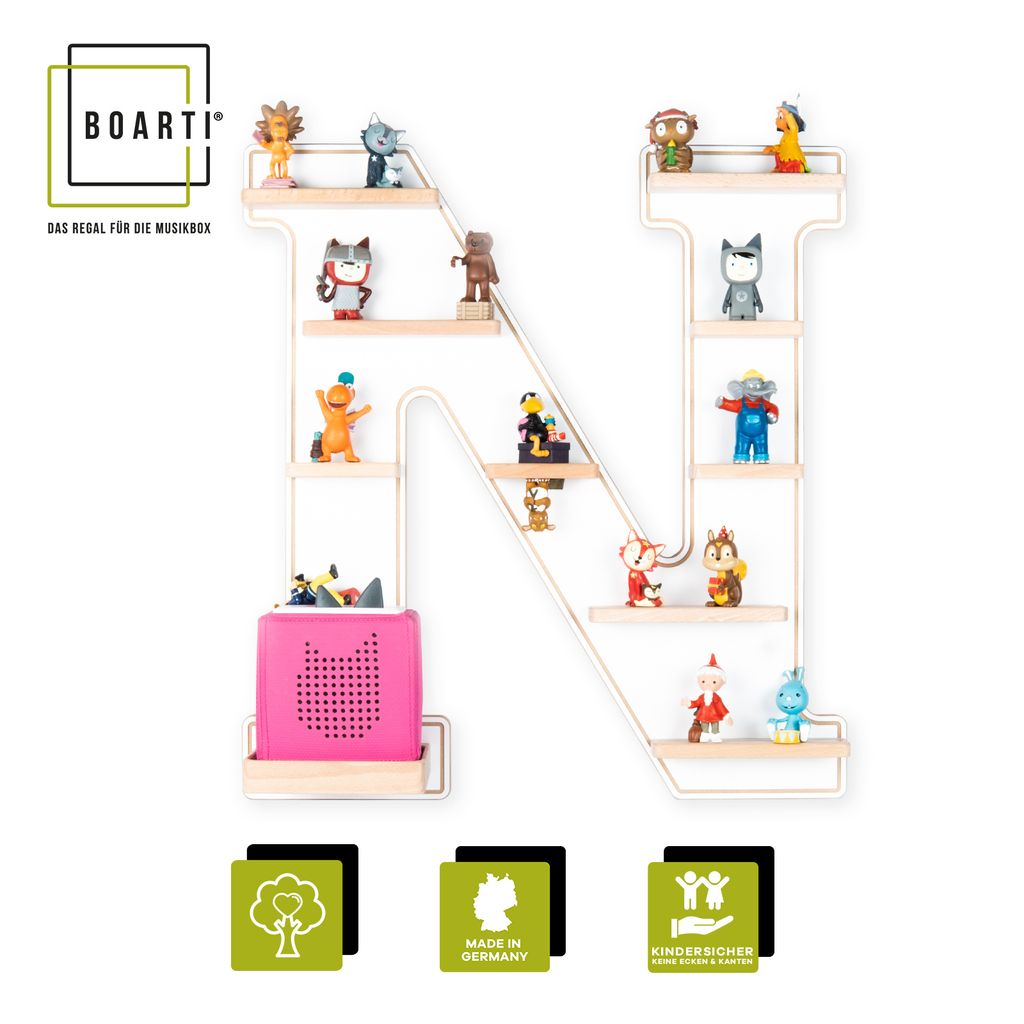 BOARTI Kinderregal Buchstabe N | hängend für Toniebox und Tonie Figuren | platzsparendes Regal | H. 54 x B. 50 x T. 19 | Wandregal Musikbox und F...