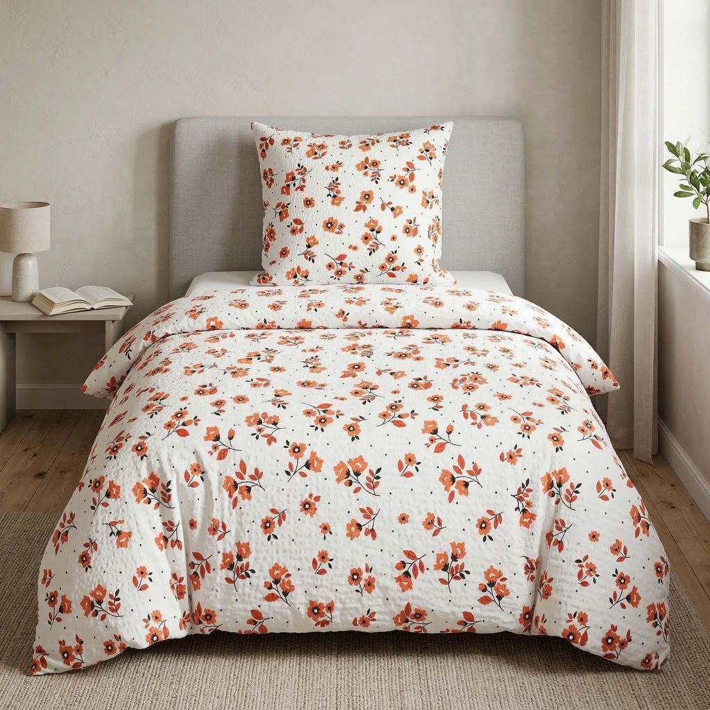 Microfaser Seersucker Bettwäsche 135x200 cm Weiß Blumenmuster – 100% Baumwolle – Trocknergeeignet