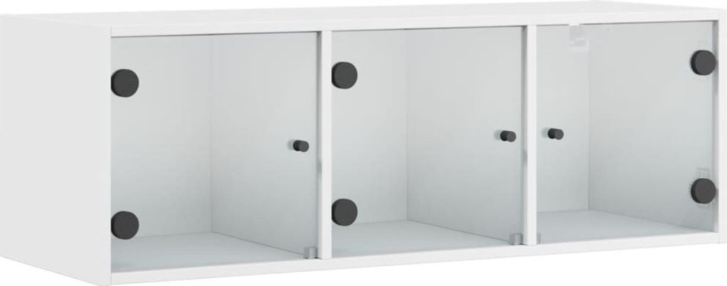 A white wall-mounted cabinet with three glass doors.
